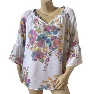 SPENSE Womens Size Small Bell Sleeve Floral Split Neck Boho Peasant Tunic Shirt
